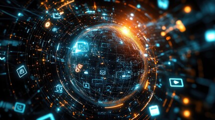Obraz premium A glowing globe surrounded by floating icons of digital devices and social media, symbolizing global connectivity in the digital world