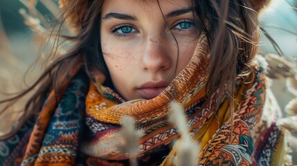 Beautiful Woman with Blue Eyes and Scarf in the Wind
