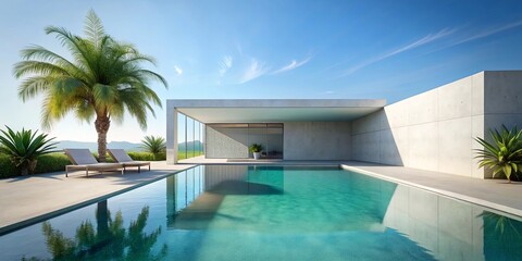 Fototapeta premium A modern architectural retreat with a pristine pool reflecting the blue sky and lush greenery