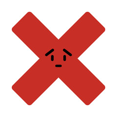 Obraz premium Red cross icon with a sad smiley face. Wrong decision, disagreement. Close, cancellation, wrong and reject symbol.