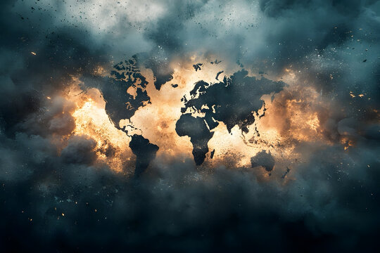 A concept of world war with a world map covered with smoke and fire