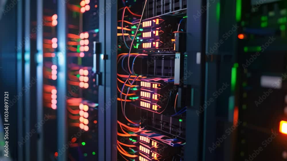 Poster a row of servers neatly arranged in a data center, demonstrating the infrastructure and organization