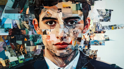 A modern art piece made of different images. It shows a young businessman looking directly at the viewer.
