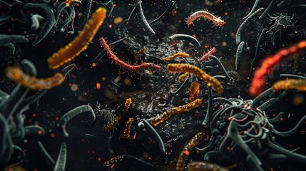 Ancient microbes under microscope reveal intricate cellular structures, showcasing their mysterious and ancient nature, ideal for scientific and educational content.