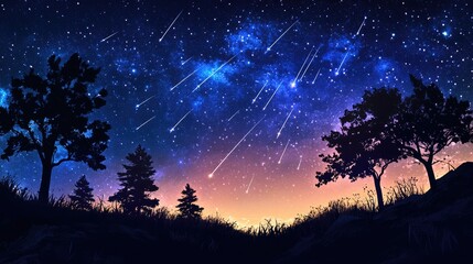 Starry night filled with shooting stars above a serene natural landscape featuring silhouettes of trees against the celestial display