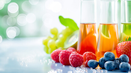Three glass test tubes filled with vibrant fruit-infused drinks are placed on a well-lit table, surrounded by fresh strawberries, blueberries, and raspberries, creating a refreshing display