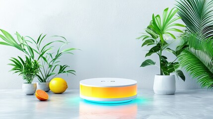Obraz premium A smart home hub glows gently on a clean gray surface, representing seamless modern living and connectivity with minimalist style in high resolution.