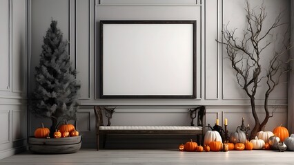 Obraz premium Modern minimalist wall art mockup of home entrance for Halloween theme, blank frame for horizontal wall art mockup of living room, Halloween and Christmas spooky scary vibes of the room interior desig