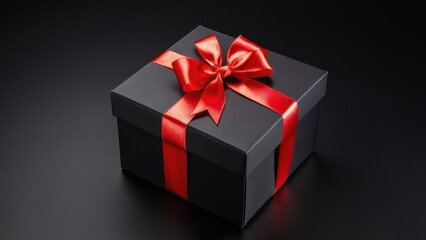 Obraz premium Luxury Gift Box with Red Satin Ribbon. A matte black gift box tied with a red satin ribbon. Clean and elegant, perfect for holiday promotions, greeting cards, and marketing visuals