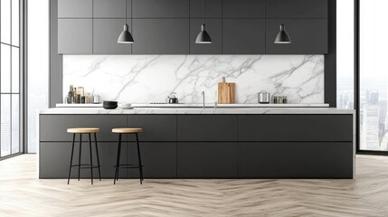 Bright, modern Nordic kitchen with minimalist design, marble backsplash, and natural light flowing through the large windows. Sleek and functional.