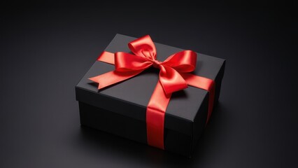 Obraz premium Luxury Gift Box with Red Satin Ribbon. A matte black gift box tied with a red satin ribbon. Clean and elegant, perfect for holiday promotions, greeting cards, and marketing visuals