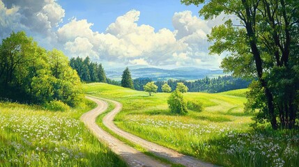 Country Road In Green Spring Landscape