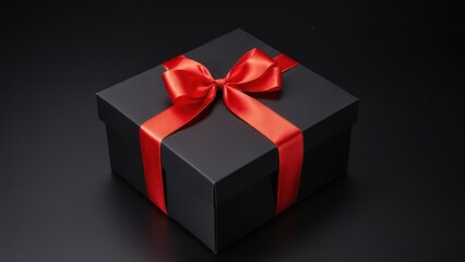 Obraz premium Minimalist Black Box with Red Ribbon. A stylish black gift box with a bright red ribbon on a dark background. Ideal for holiday, birthday, or luxury advertising materials