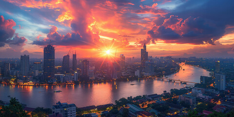 Fototapeta premium Background Illustration sunset over the river