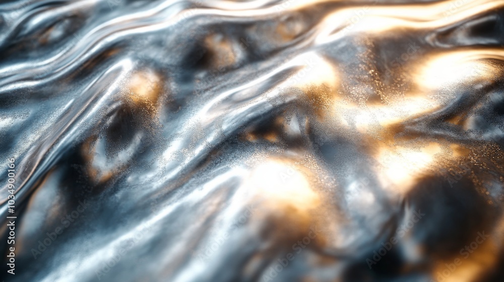 Poster This artwork showcases a close-up view of a smooth metallic surface, with waves and reflections that create an interesting interplay of light and shadows in an artistic environment.