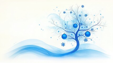 Cheerful Card: A holiday greeting card featuring a vibrant image of a tree adorned with blue ornaments and shimmering garlands against a snowy backdrop.