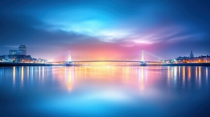Fototapeta premium City Bridge at Night: A beautifully lit bridge over a river, connecting two sides of the vibrant city, with reflections of lights dancing on the water.