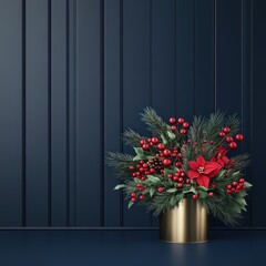 Fototapeta premium Christmas Centerpiece in Gold Pot Against Navy Blue Background.