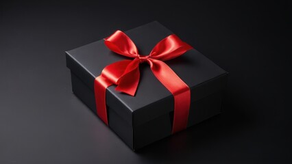 Obraz premium Minimalist Black Box with Red Ribbon. A stylish black gift box with a bright red ribbon on a dark background. Ideal for holiday, birthday, or luxury advertising materials