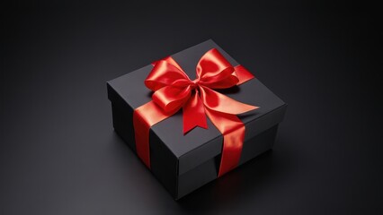 Obraz premium Luxury Gift Box with Red Satin Ribbon. A matte black gift box tied with a red satin ribbon. Clean and elegant, perfect for holiday promotions, greeting cards, and marketing visuals