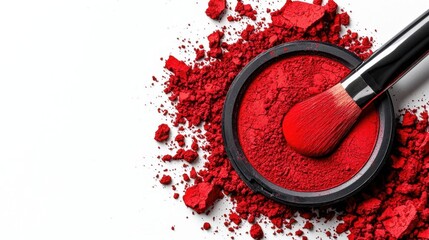 A photostock images of red makeup powder with brush, isolated on white background, High Quality