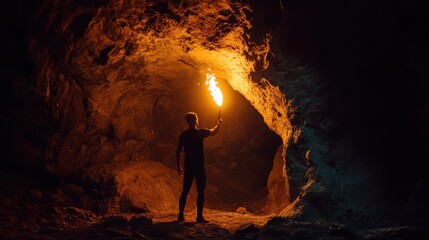 Silhouette of person holding torch in dark cave
