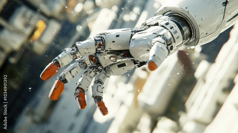 Poster a futuristic robotic arm showcasing innovative functionality, grasping objects in a tech-driven envi