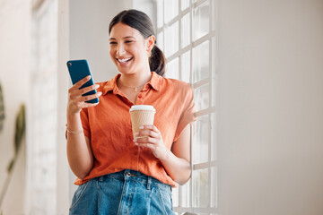 Office, coffee and businesswoman with smartphone for laughing, message and online on social media. Technology, female person and creative agency manager with mobile app for joke, meme and tea break