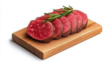 A photostock images of roast beef on a wooden board, isolated on white background, High Quality