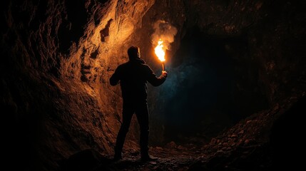 Man holding torch in glowing cave entrance
