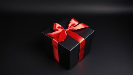 Obraz premium Elegant Black Gift Box with Red Ribbon. A sleek black gift box with a vibrant red satin ribbon bow, set against a dark background. Perfect for festive, luxury, or promotional designs