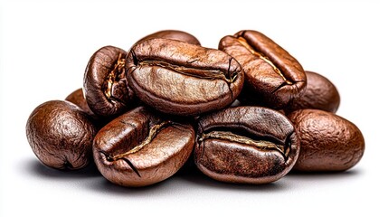 Obraz premium A photostock images of roasted coffee beans in a pile, isolated on white background, High Quality