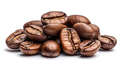 Naklejka premium A photostock images of roasted coffee beans in a pile, isolated on white background, High Quality