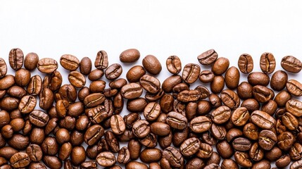 Fototapeta premium A photostock images of roasted coffee beans scattered on a surface, isolated on white background, High Quality