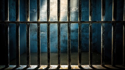 A lonely jail cell with thick iron bars, dim lighting, and lifeless, crumbling walls. A dark and deserted prison interior.