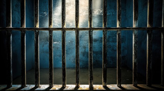 A lonely jail cell with thick iron bars, dim lighting, and lifeless, crumbling walls. A dark and deserted prison interior.