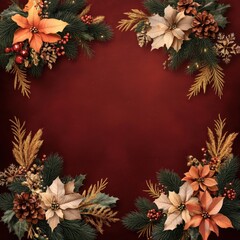 Fototapeta premium Festive Christmas Border with Poinsettia and Pine Cones on Red Background.