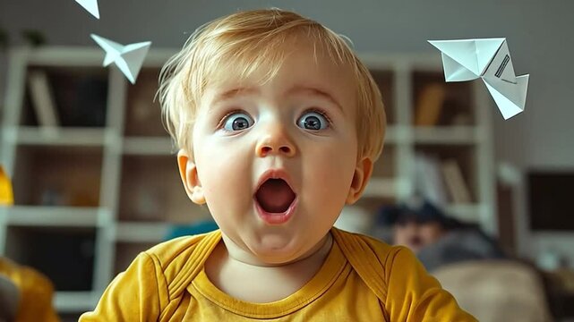 A cute young toddler is misbehaving , The living room is a complete mess