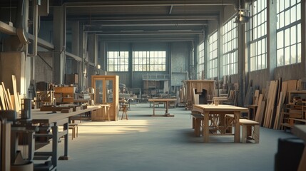 A large industrial workshop filled with woodworking tools, materials, and finished furniture. The sun shines through large windows onto the dusty concrete floor.