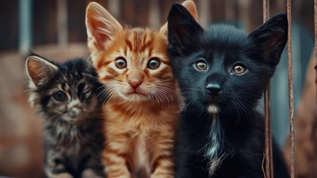 Three adorable young cats and a puppy are sitting closely together, showcasing their playful expressions against a soft blurred background. Video 4k
