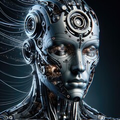 Futuristic Humanoid Cyborg: A Realistic Depiction of an Intricately Designed AI Being with Metallic Components, Digital Particles, and Advanced Technology Details