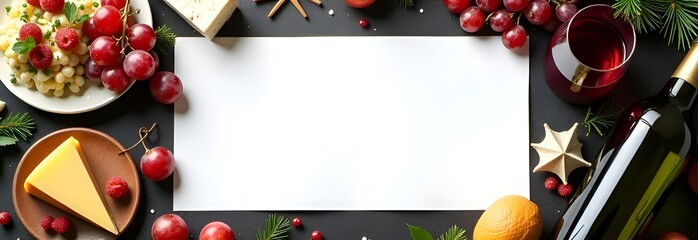 Business concept mockup of wine and cheese products with space for text horizontally. Bottles of wine, cheese, red white grapes, glasses of wine, fir branches, on a light gray background.