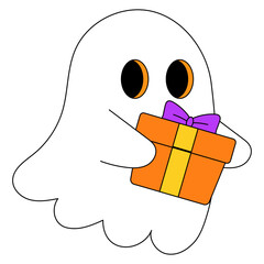 cute white ghost is holding orange birthday gift with purple bow cartoon illustration