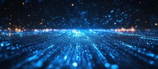 Fototapeta premium Futuristic Digital Landscape with Glowing Blue Lights and Sparkling Particles in a Vast Virtual Space