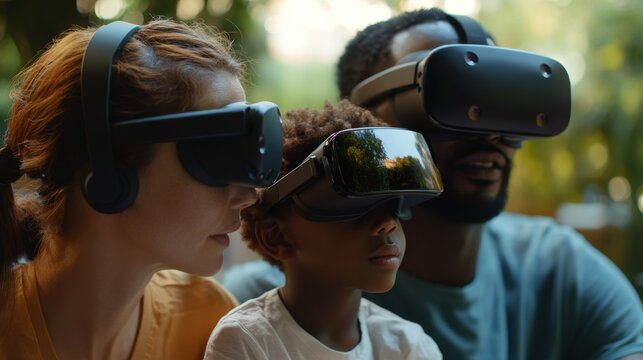 Virtual reality travel experience, users exploring digital recreations of real-world locations, fully immersive VR environments. Family enjoying virtual reality adventure together