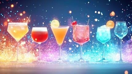 Rows of sparkling cocktail glasses being prepared by a bartender at the bar, with the vibrant nightlife scene unfolding in the background.