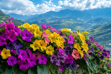 Fototapeta premium Colorful Petunia Blooms Against Mountains