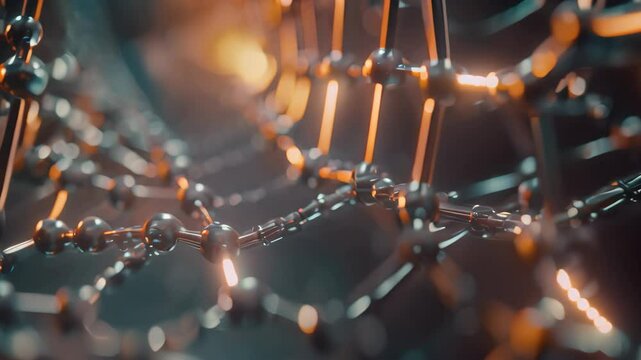 This close-up Videograph captures the intricate details of an orange and black structure, A vivid depiction of carbon nanotubes, atom by atom