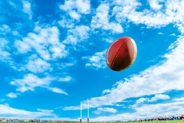 Rugby Ball in Motion Mid-Kick Toward the Goalposts Capturing Power and Precision with Copy Space