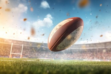 Rugby Ball Flying Through the Air on Its Way to the Goalposts with Copy Space